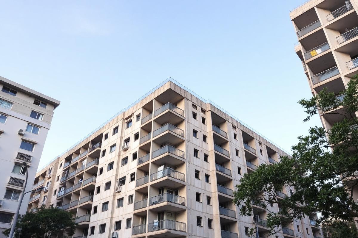 Edifício residencial em fase de obras com estrutura de concreto aparente