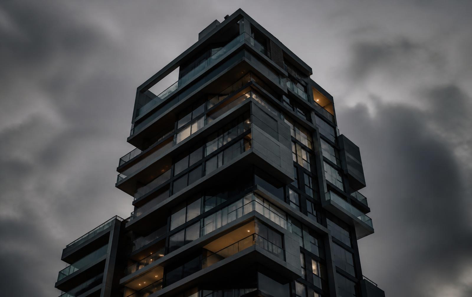 Fachada de edifício residencial moderno na região central de São Paulo ao anoitecer
